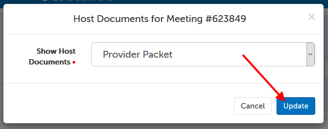 "Show Host Documents" set to "Provider Packet". Arrow pointing at "Update" button.